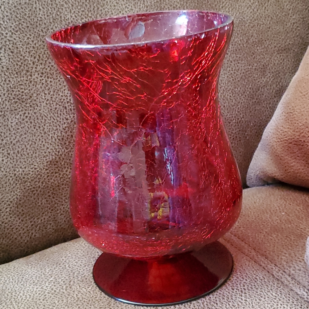 Candlelight crackled hurricane candle holder red 7.5 inches tall, 5 inch